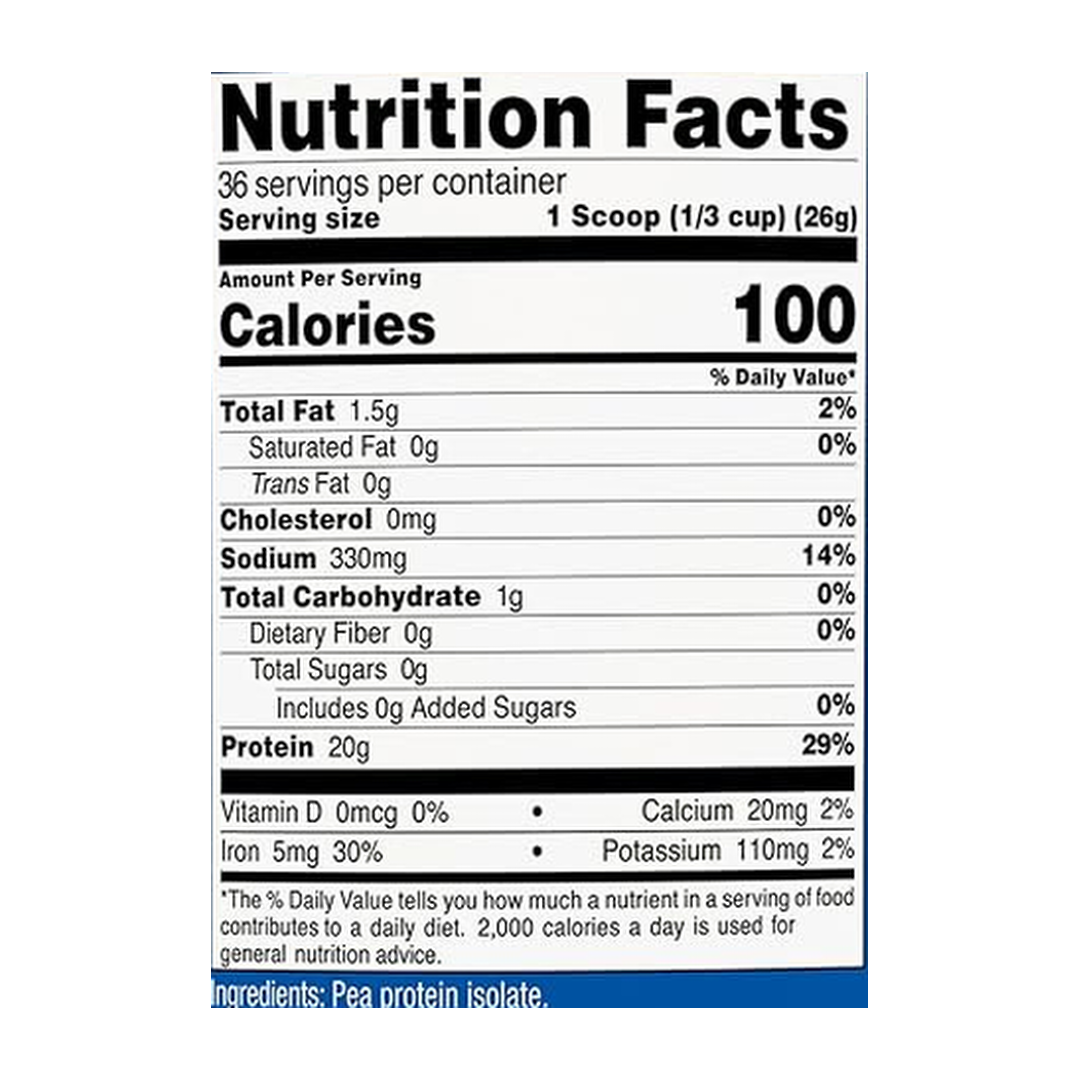 Nutricost, Pea Protein, Unflavored, 2 lb, 907 g supplement facts label showing ingredients, vitamins, minerals, and serving information