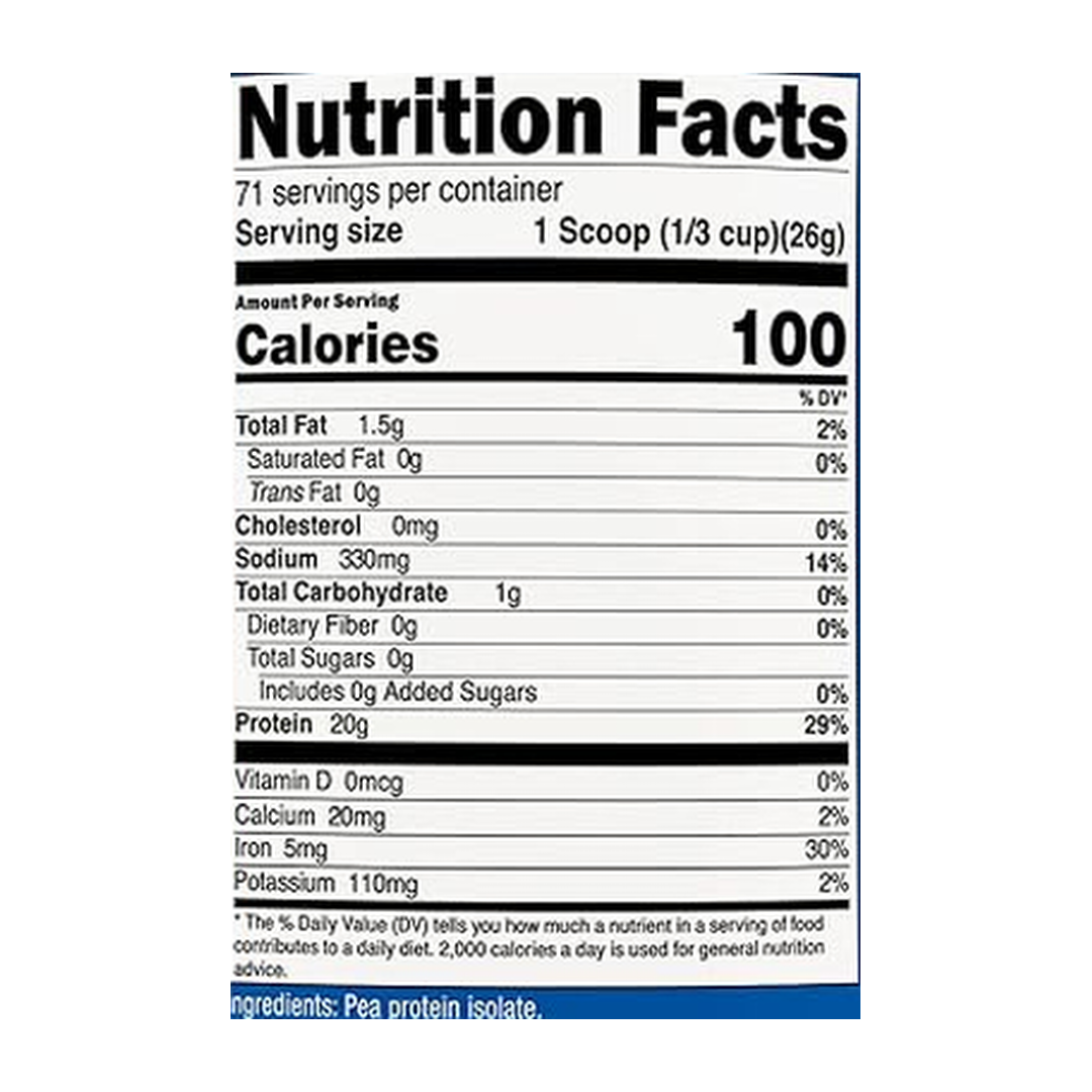 Nutricost, Pea Protein, Unflavored, 4 lb, 1,814 g supplement facts label showing ingredients, vitamins, minerals, and serving information