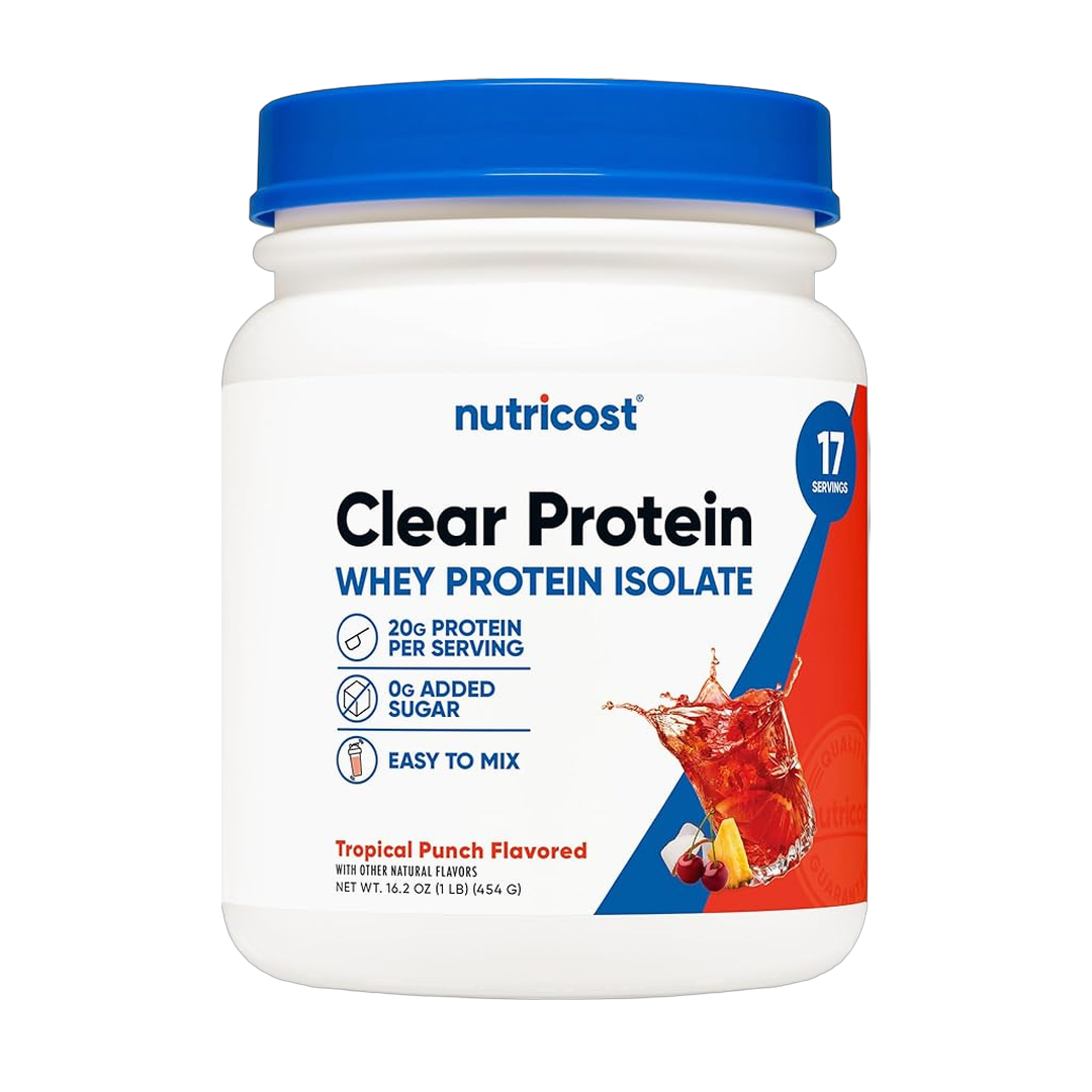 Nutricost, Clear Whey Protein Isolate Powder, Tropical Punch, 1 lb, 454 g front packaging view
