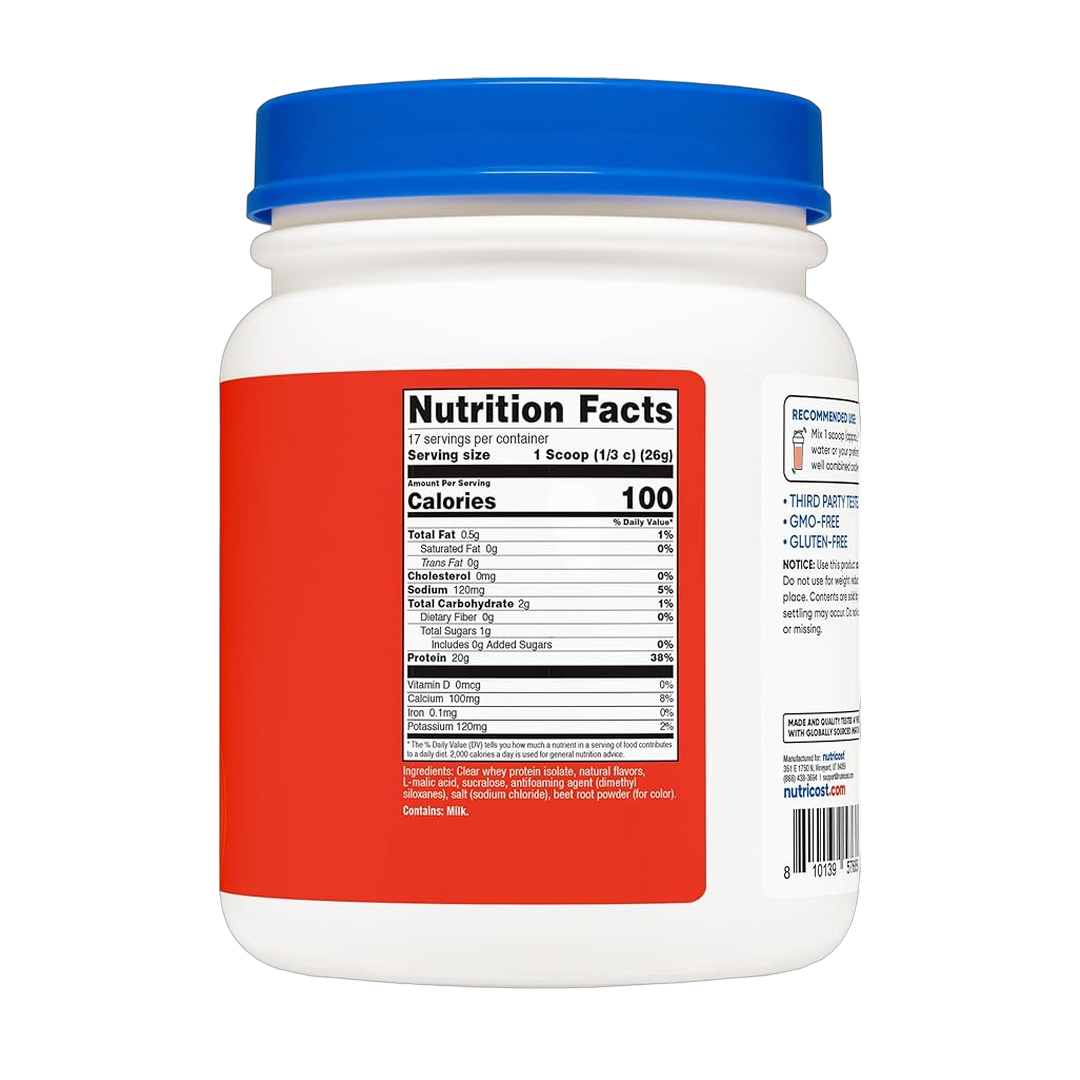 Nutricost, Clear Whey Protein Isolate Powder, Tropical Punch, 1 lb, 454 g back packaging view
