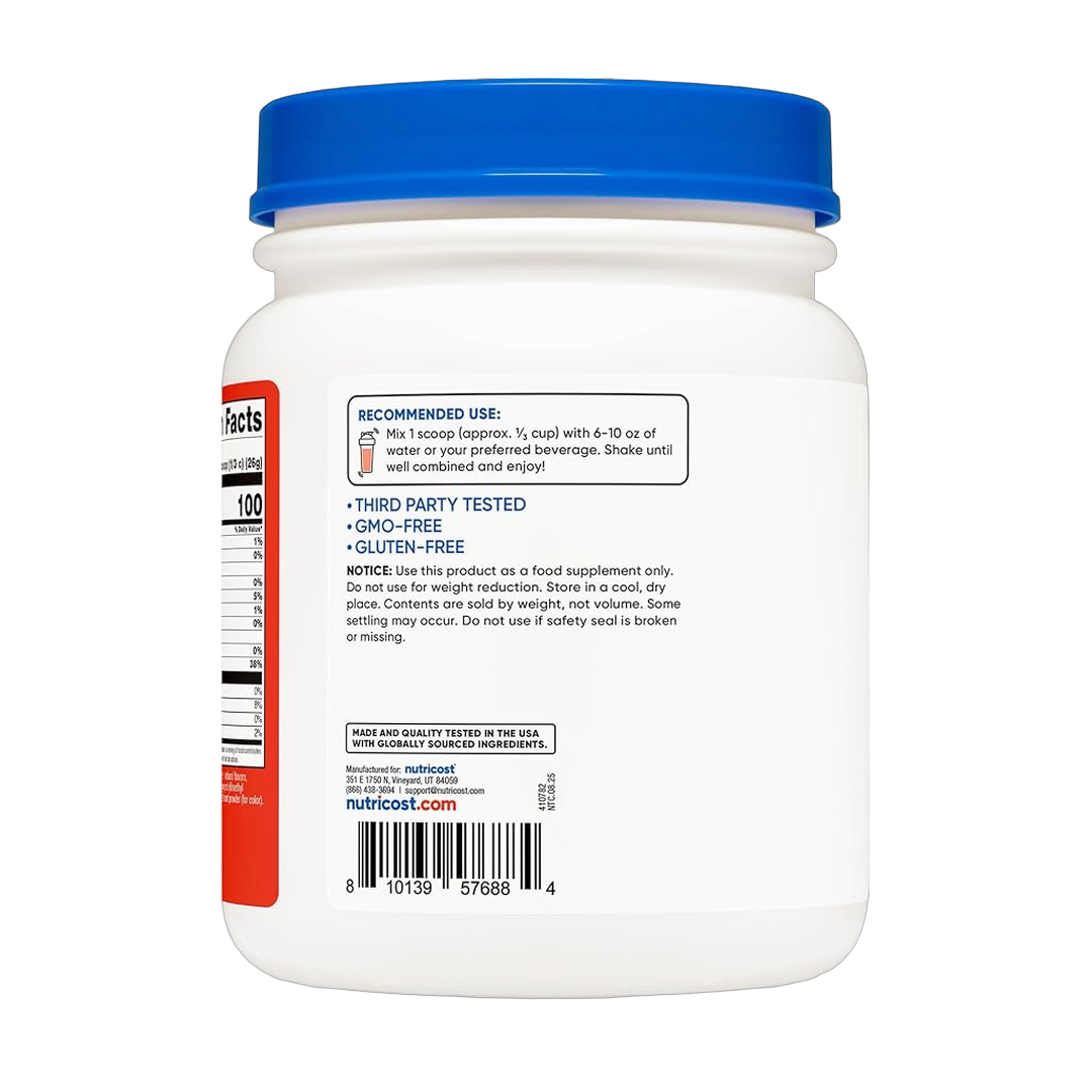 Nutricost, Clear Whey Protein Isolate Powder, Tropical Punch, 1 lb, 454 g packaging side view