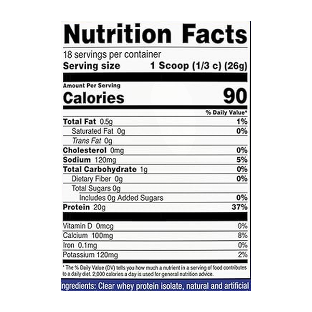 Nutricost, Clear Protein, Berry Blast, 1 lb, 454 g supplement facts label showing ingredients, vitamins, minerals, and serving information