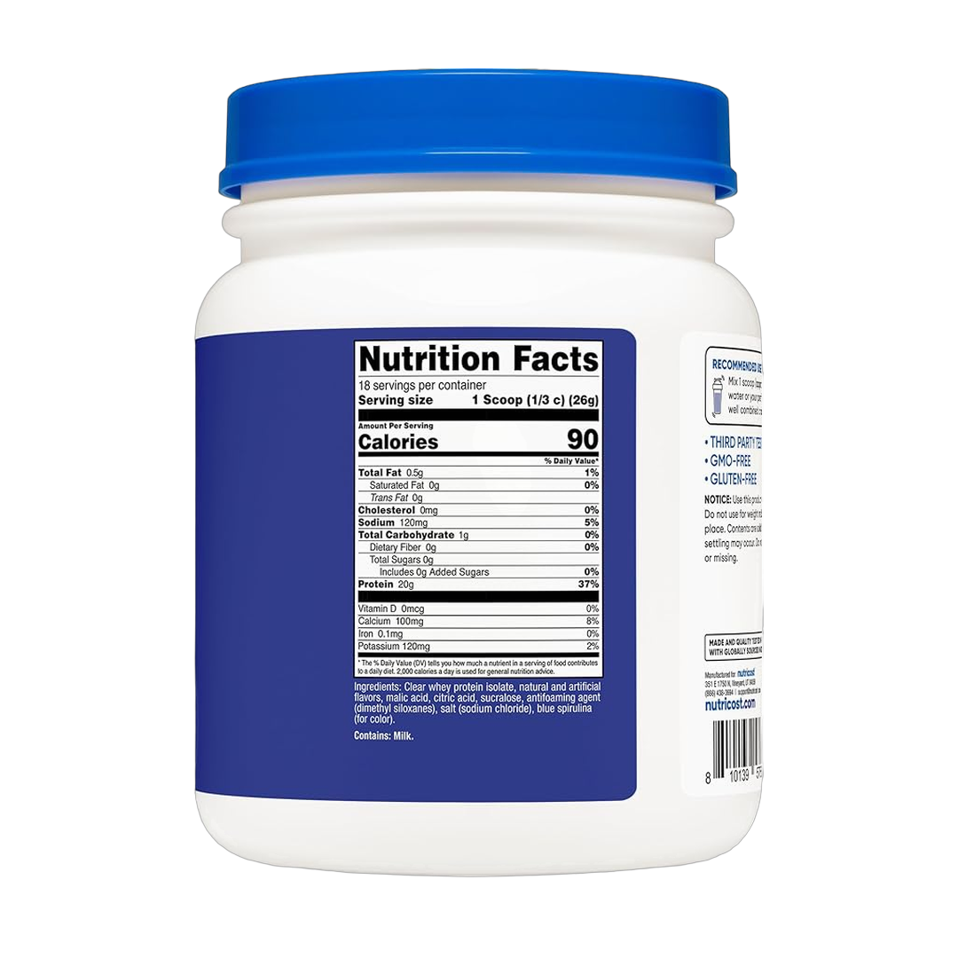 Nutricost, Clear Protein, Berry Blast, 1 lb, 454 g back packaging view