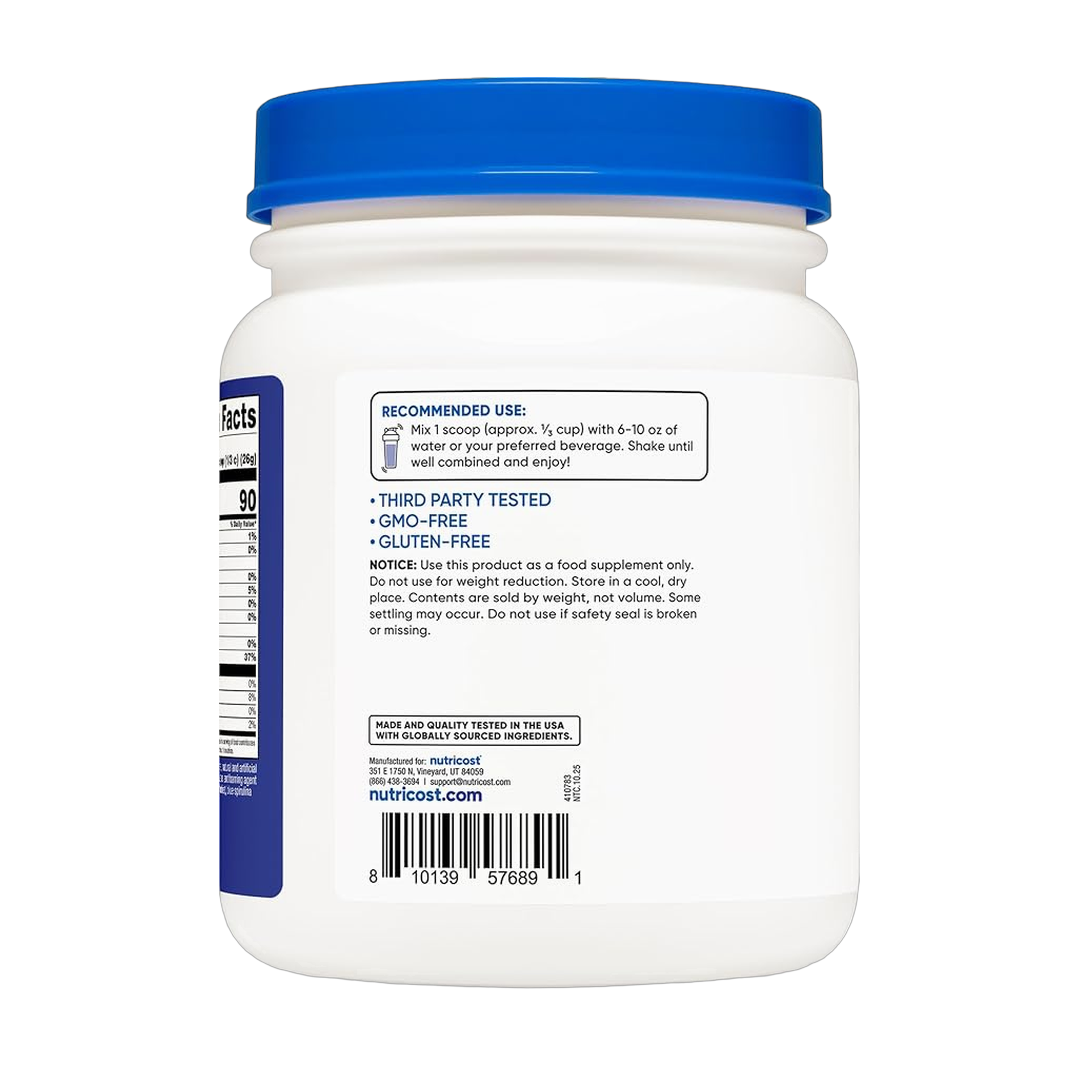 Nutricost, Clear Protein, Berry Blast, 1 lb, 454 g packaging side view