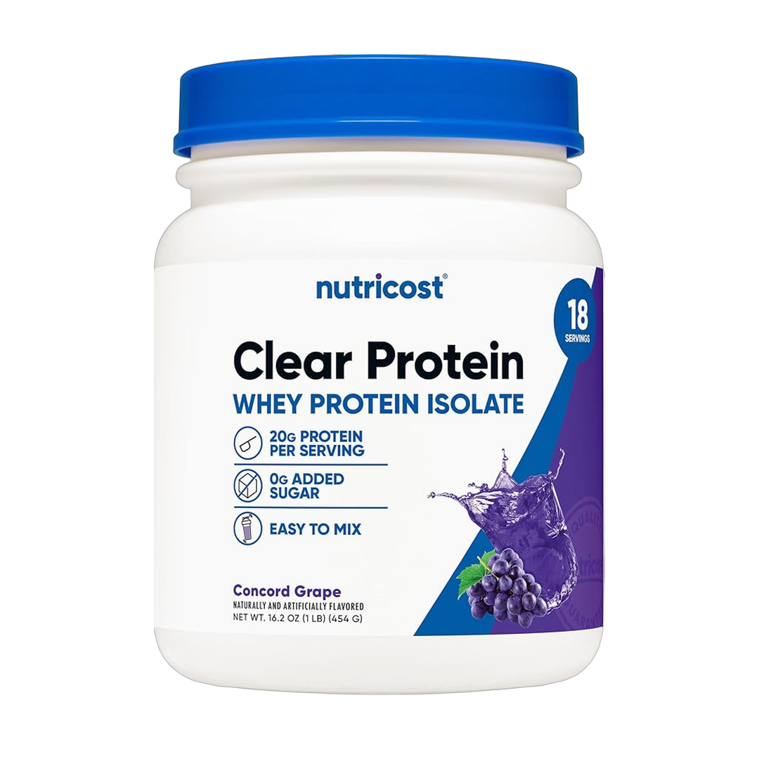 Nutricost, Clear Whey Protein Isolate Powder, Concord Grape, 1 lb, 454 g front packaging view