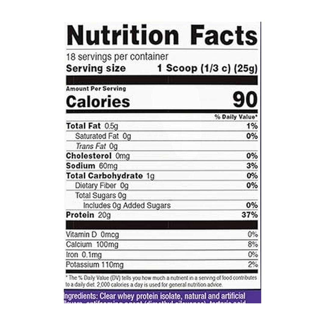 Nutricost, Clear Whey Protein Isolate Powder, Concord Grape, 1 lb, 454 g supplement facts label showing ingredients, vitamins, minerals, and serving information
