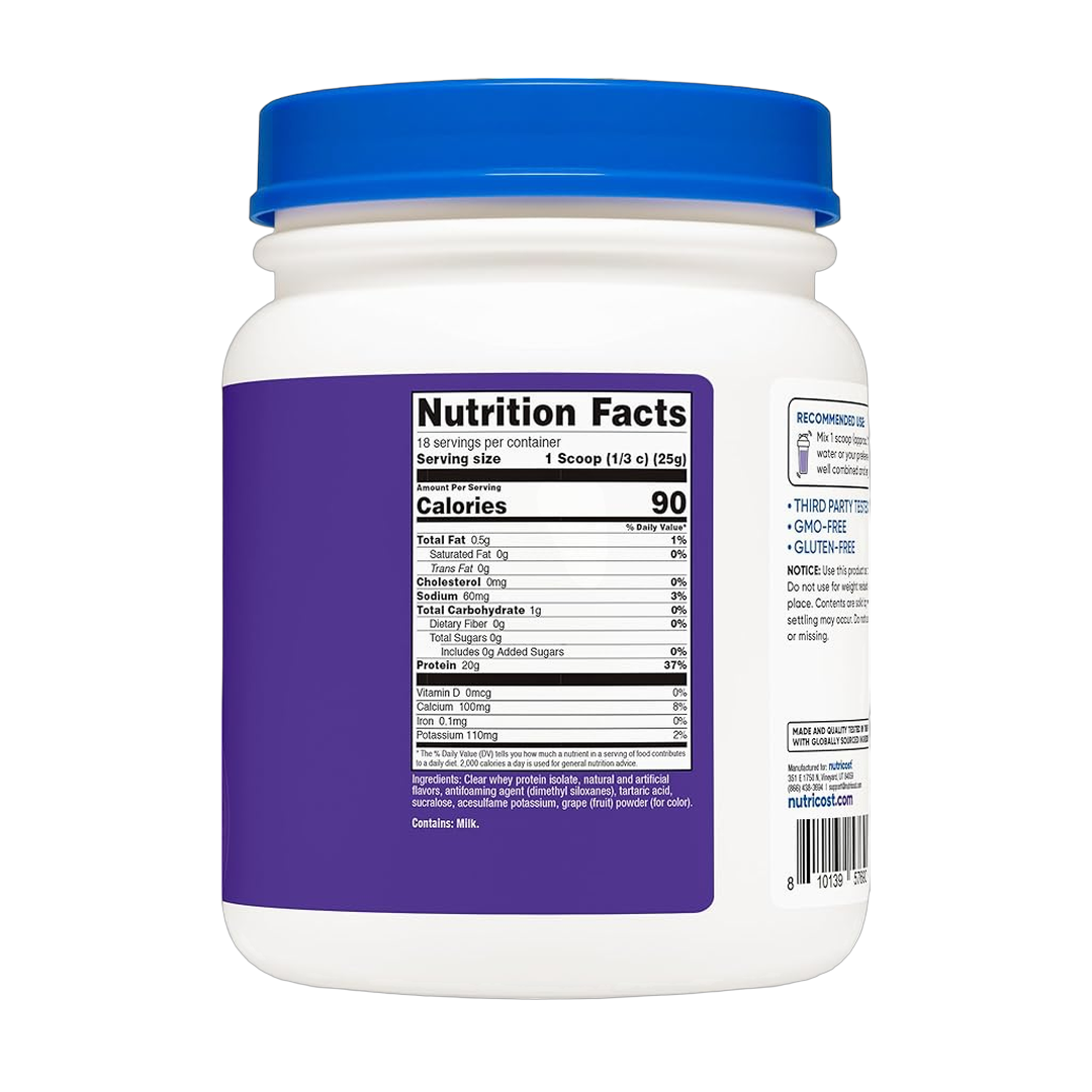 Nutricost, Clear Whey Protein Isolate Powder, Concord Grape, 1 lb, 454 g back packaging view