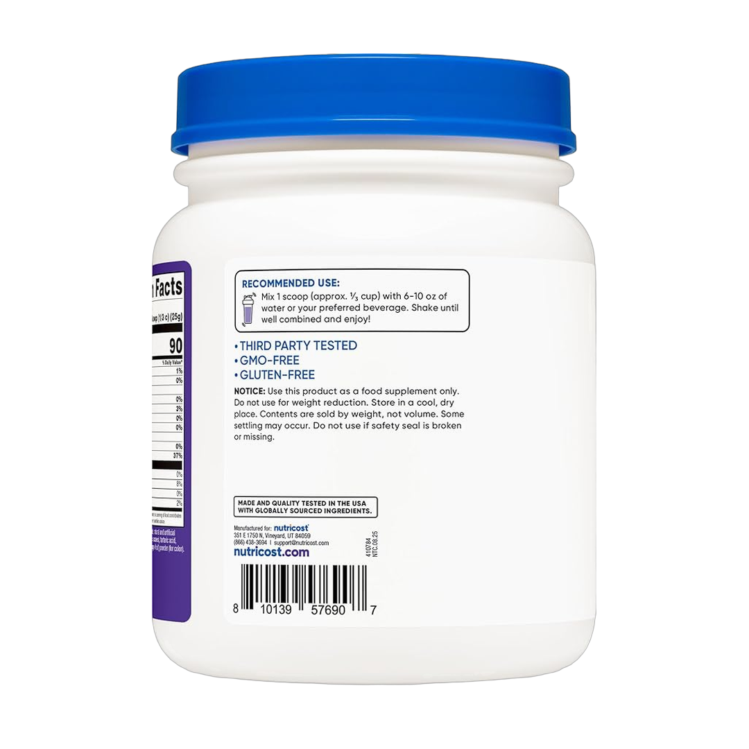 Nutricost, Clear Whey Protein Isolate Powder, Concord Grape, 1 lb, 454 g packaging side view
