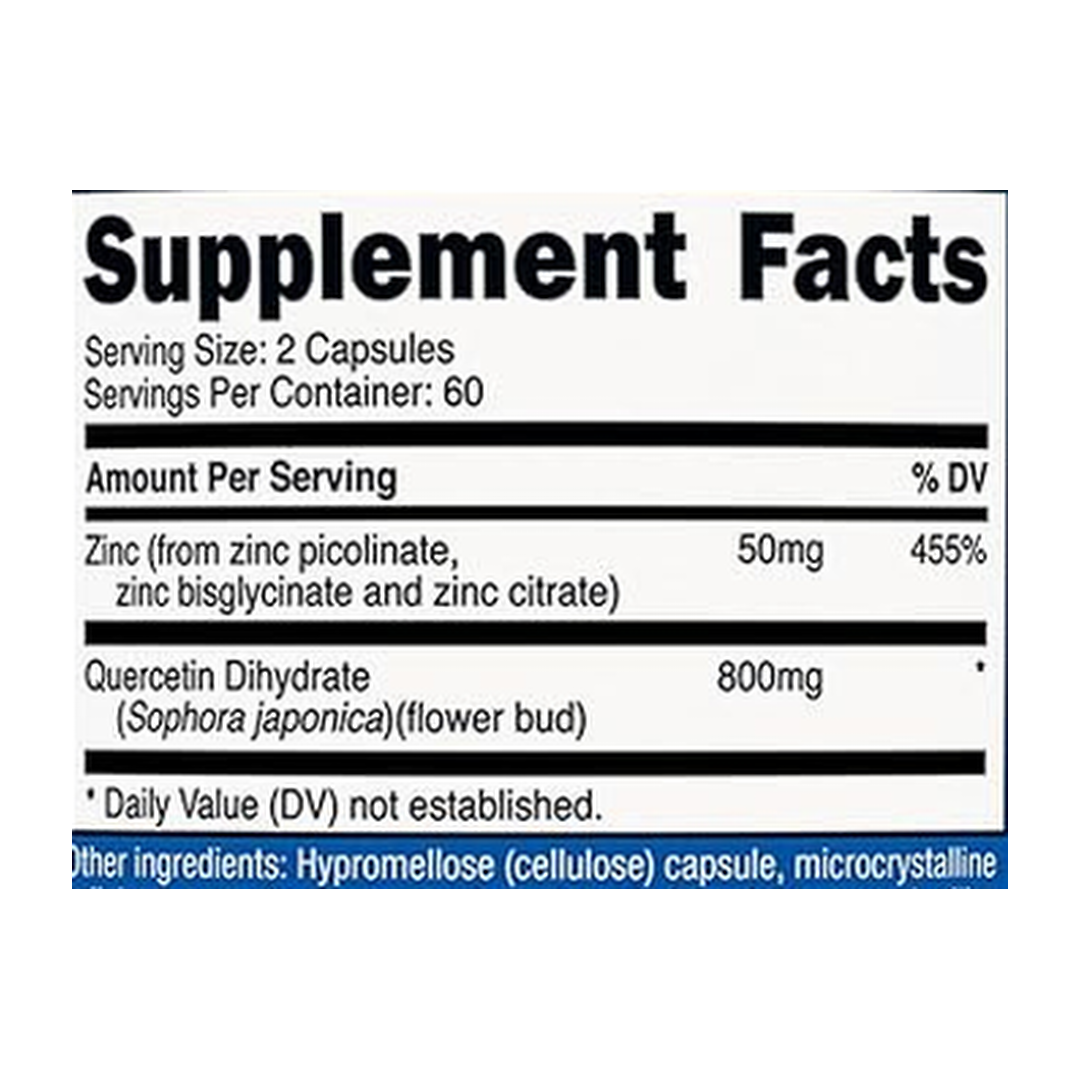 Nutricost, Zinc + Quercetin, 120 Capsules supplement facts label showing ingredients, vitamins, minerals, and serving information