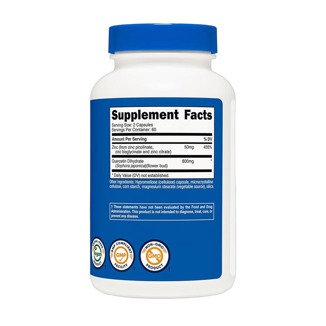 Nutricost, Zinc + Quercetin, 120 Capsules back packaging view