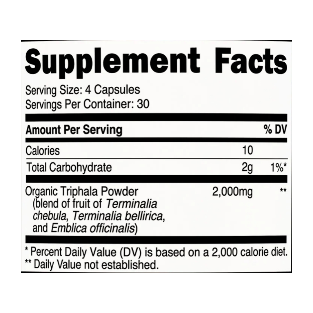 Nutricost, Organic Triphala, 120 Capsules supplement facts label showing ingredients, vitamins, minerals, and serving information