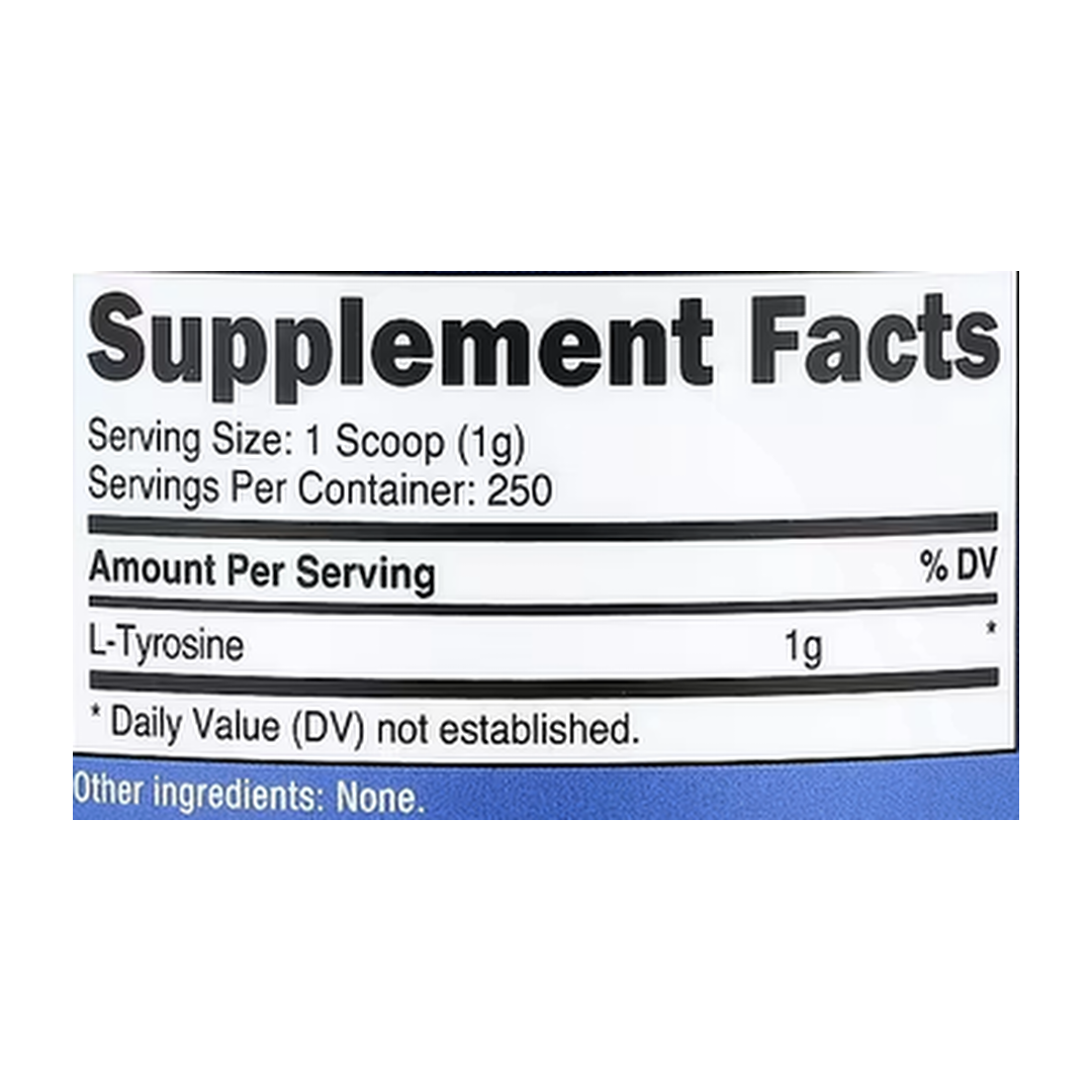 Nutricost, L-Tyrosine, Unflavored, 8.9 oz, 250 g supplement facts label showing ingredients, vitamins, minerals, and serving information