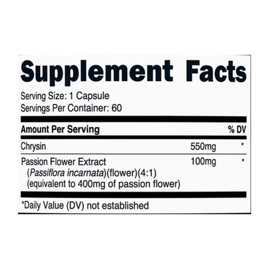 Nutricost, Chrysin, 550 mg, 60 Capsules supplement facts label showing ingredients, vitamins, minerals, and serving information