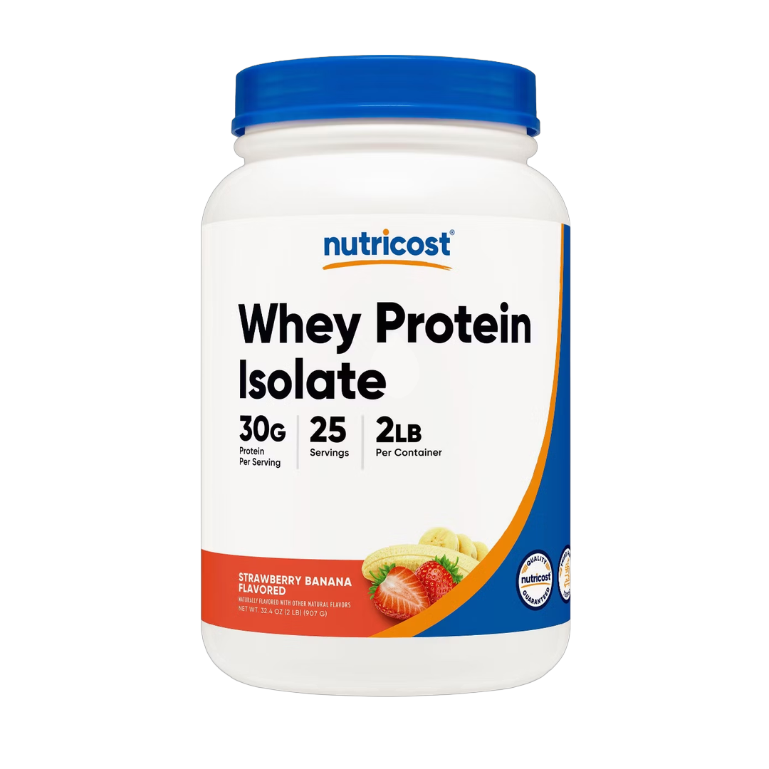 Nutricost, Whey Protein Isolate, Strawberry Banana, 2 lb, 907 g front packaging view