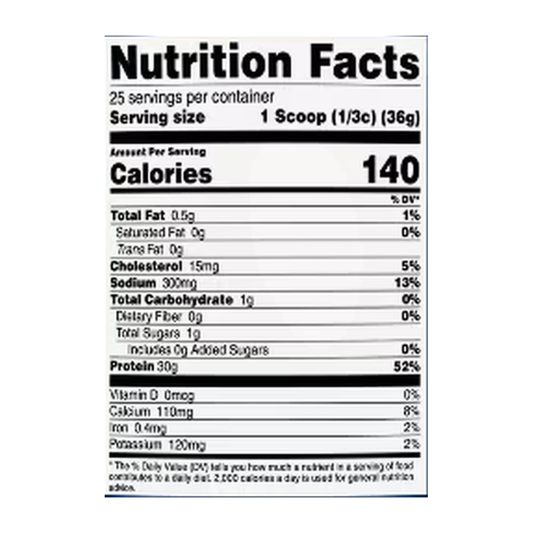 Nutricost, Whey Protein Isolate, Strawberry Banana, 2 lb, 907 g supplement facts label showing ingredients, vitamins, minerals, and serving information