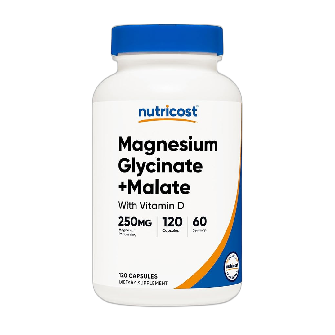 Nutricost, Magnesium Glycinate + Malate, 250mg, 120 Capsules front packaging view