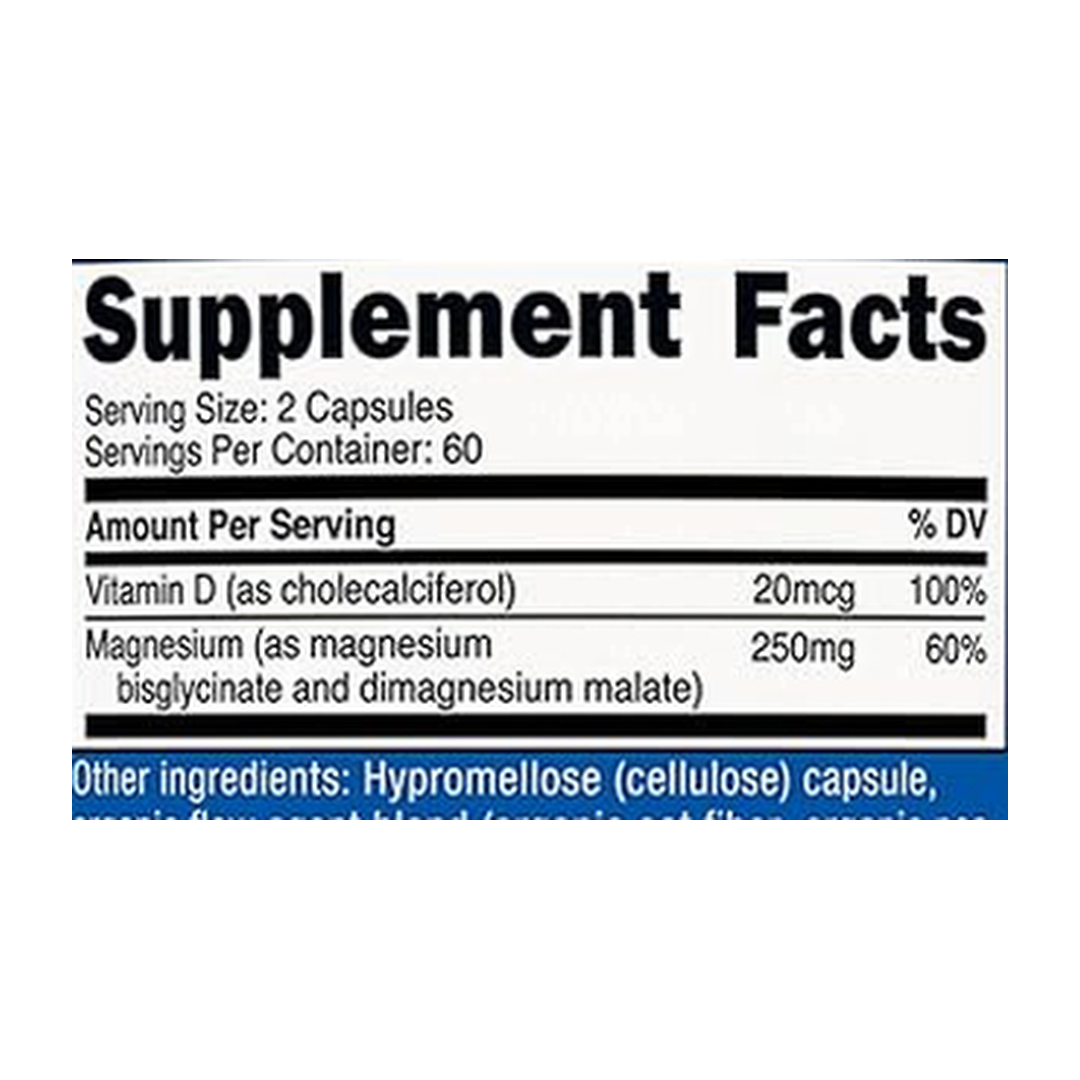Nutricost, Magnesium Glycinate + Malate, 250mg, 120 Capsules supplement facts label showing ingredients, vitamins, minerals, and serving information