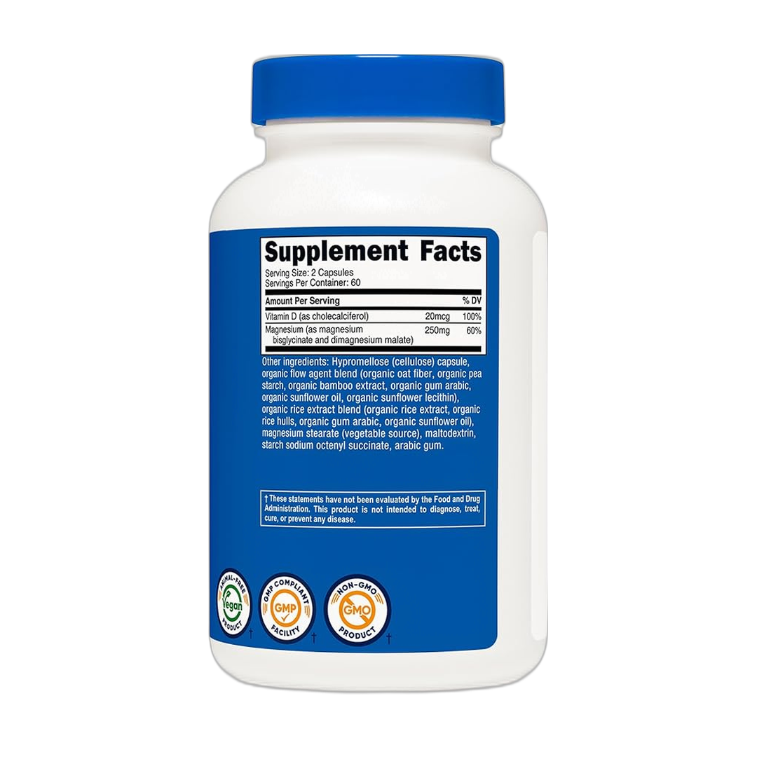 Nutricost, Magnesium Glycinate + Malate, 250mg, 120 Capsules back packaging view
