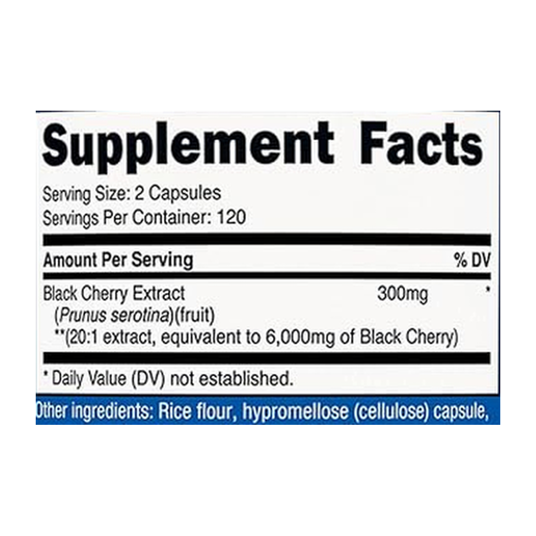 Nutricost, Black Cherry Extract, 6,000mg, 240 Capsules supplement facts label showing ingredients, vitamins, minerals, and serving information