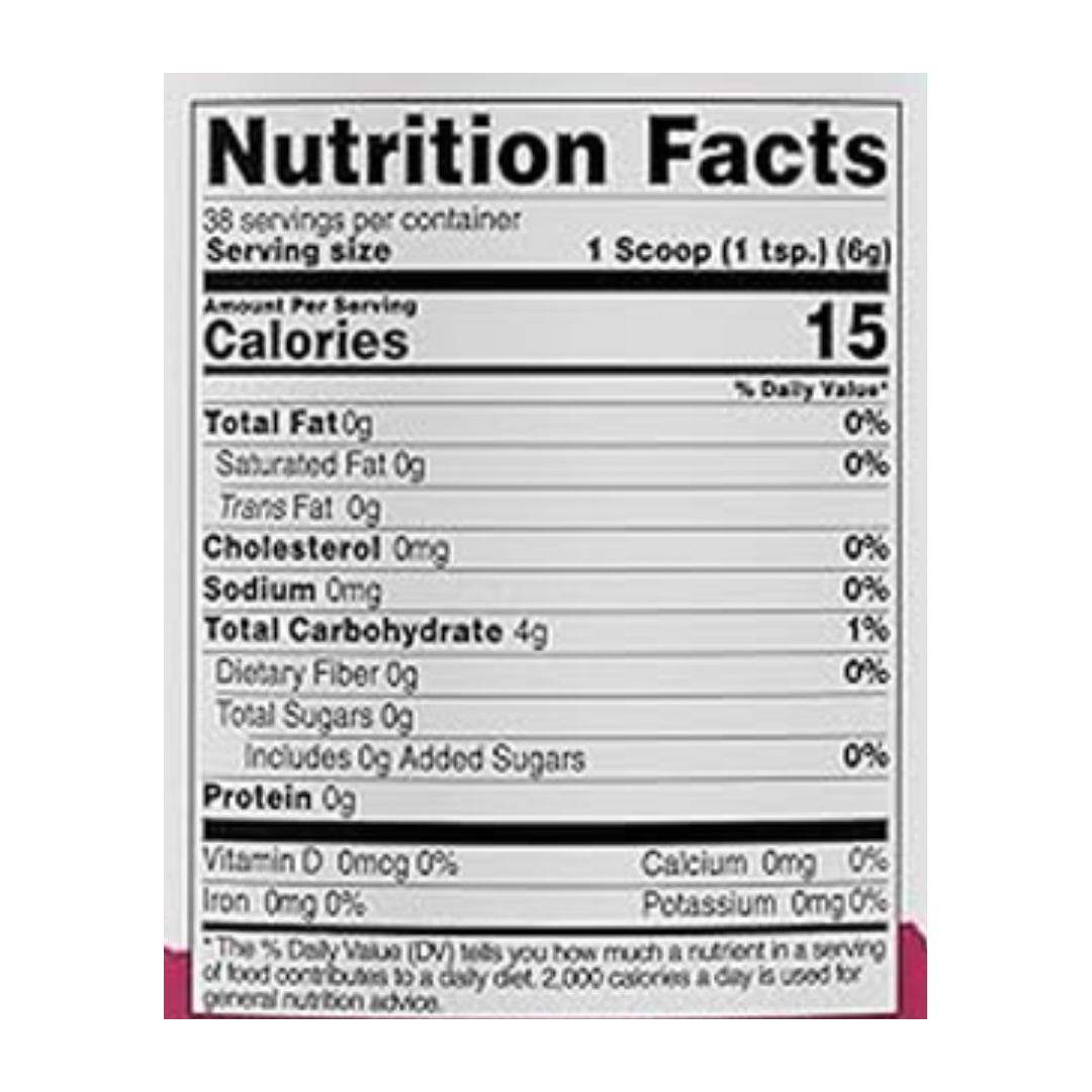 Nutricost Pantry Dragon Fruit Powder, 8 oz supplement facts label showing ingredients, vitamins, minerals, and serving information