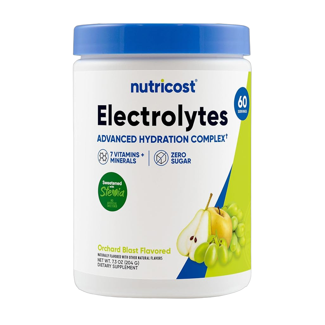 Nutricost, Electrolytes, Complex Powder, Orchard Blast, 7.3 oz, 204 g front packaging view