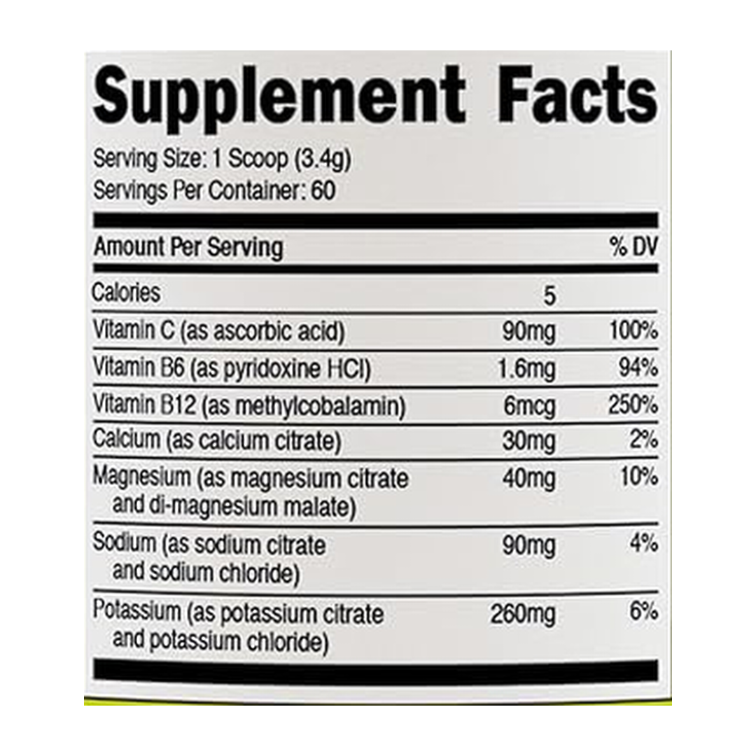 Nutricost, Electrolytes, Complex Powder, Orchard Blast, 7.3 oz, 204 g supplement facts label showing ingredients, vitamins, minerals, and serving information