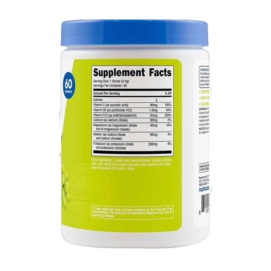 Nutricost, Electrolytes, Complex Powder, Orchard Blast, 7.3 oz, 204 g back packaging view