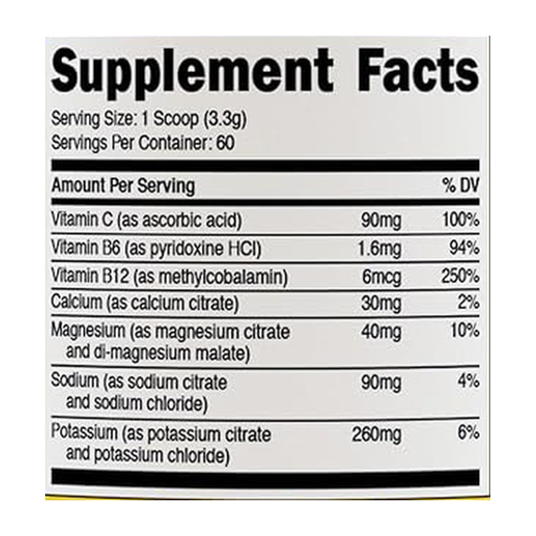 Nutricost, Electrolytes, Complex Powder, Pineapple Ice, 7.1 oz, 198 g supplement facts label showing ingredients, vitamins, minerals, and serving information