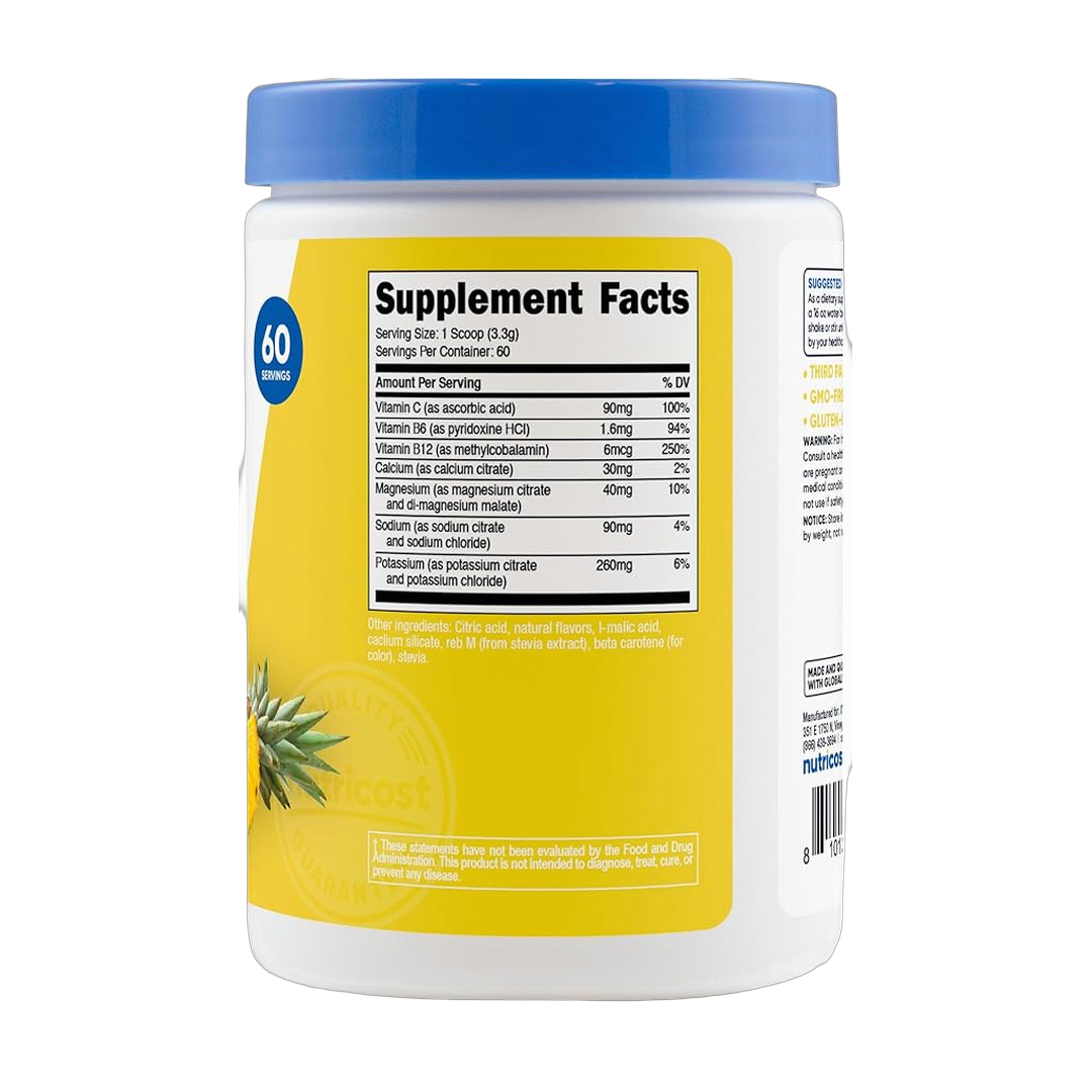 Nutricost, Electrolytes, Complex Powder, Pineapple Ice, 7.1 oz, 198 g back packaging view