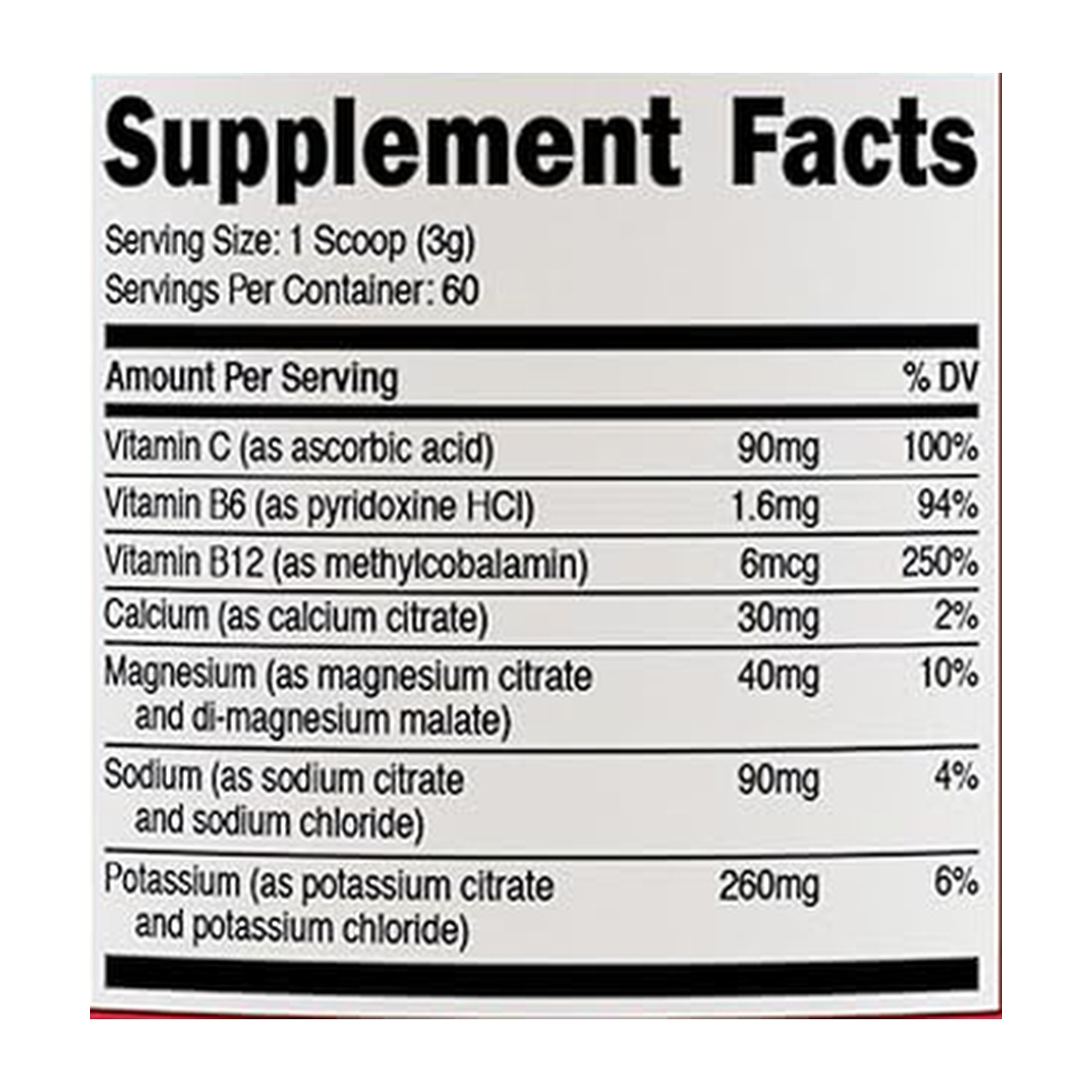 Nutricost, Electrolytes, Complex Powder, Watermelon, 6.6 oz, 186 g supplement facts label showing ingredients, vitamins, minerals, and serving information