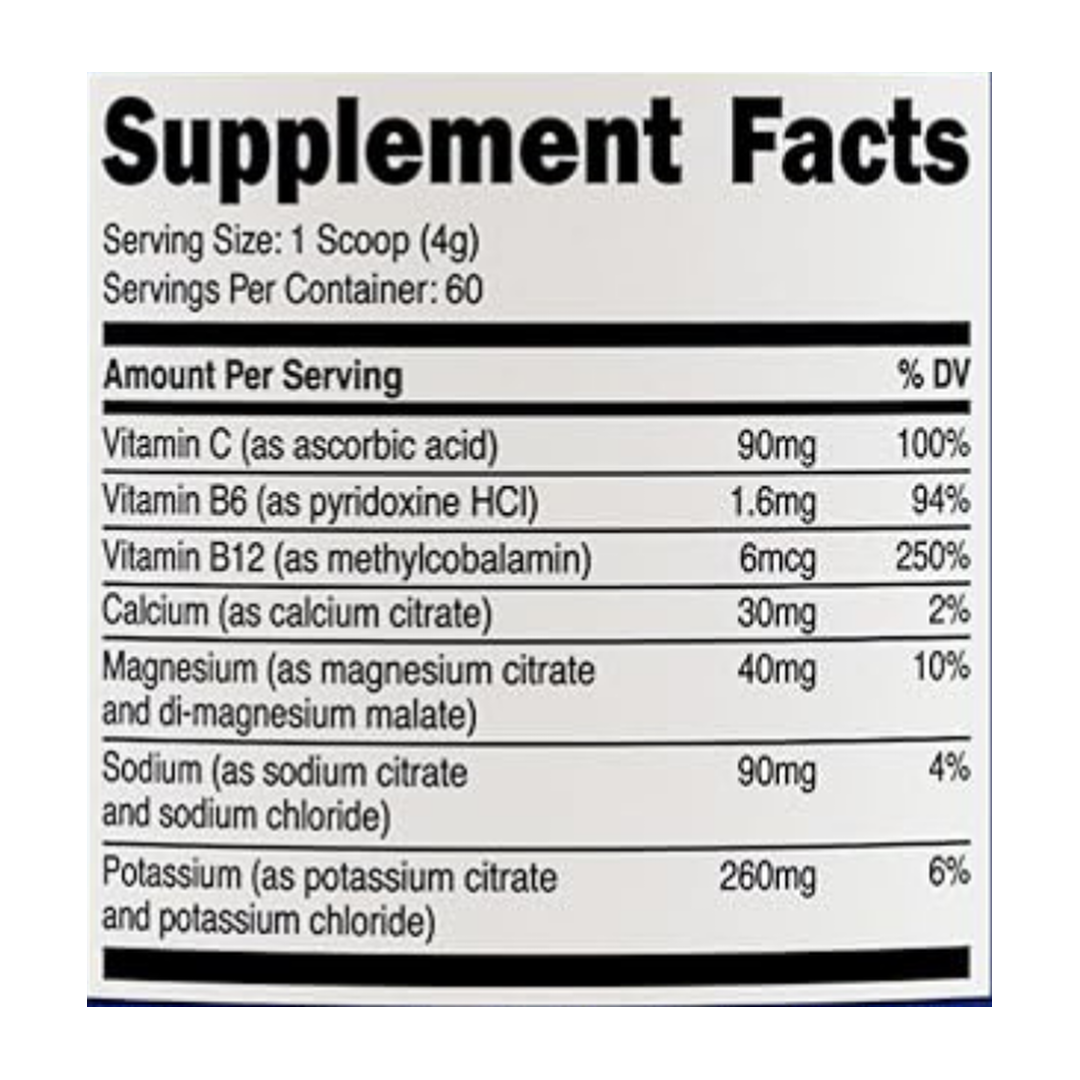 Nutricost, Electrolytes, Blue Rasberry, 8.4 oz, 234 g supplement facts label showing ingredients, vitamins, minerals, and serving information
