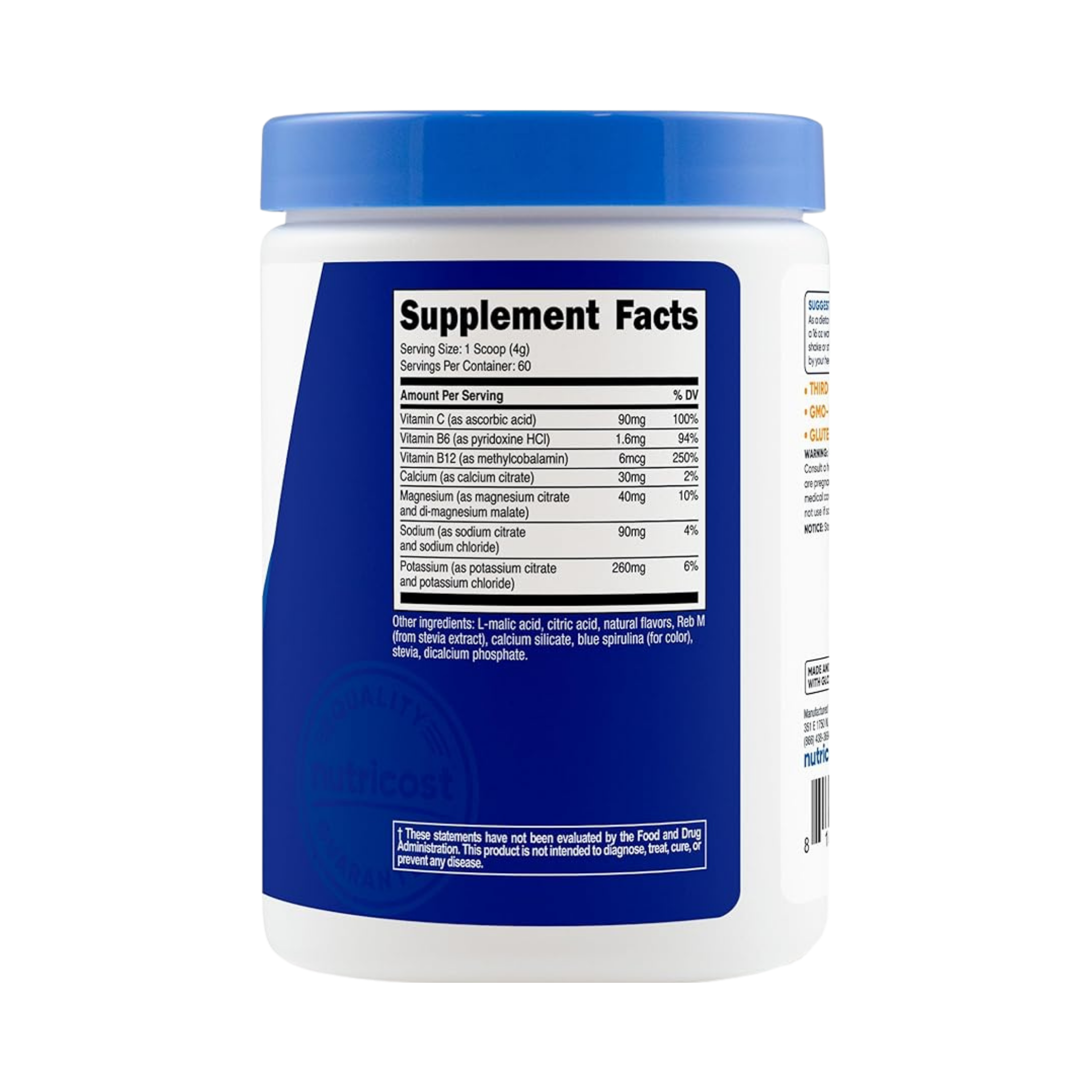 Nutricost, Electrolytes, Blue Rasberry, 8.4 oz, 234 g back packaging view
