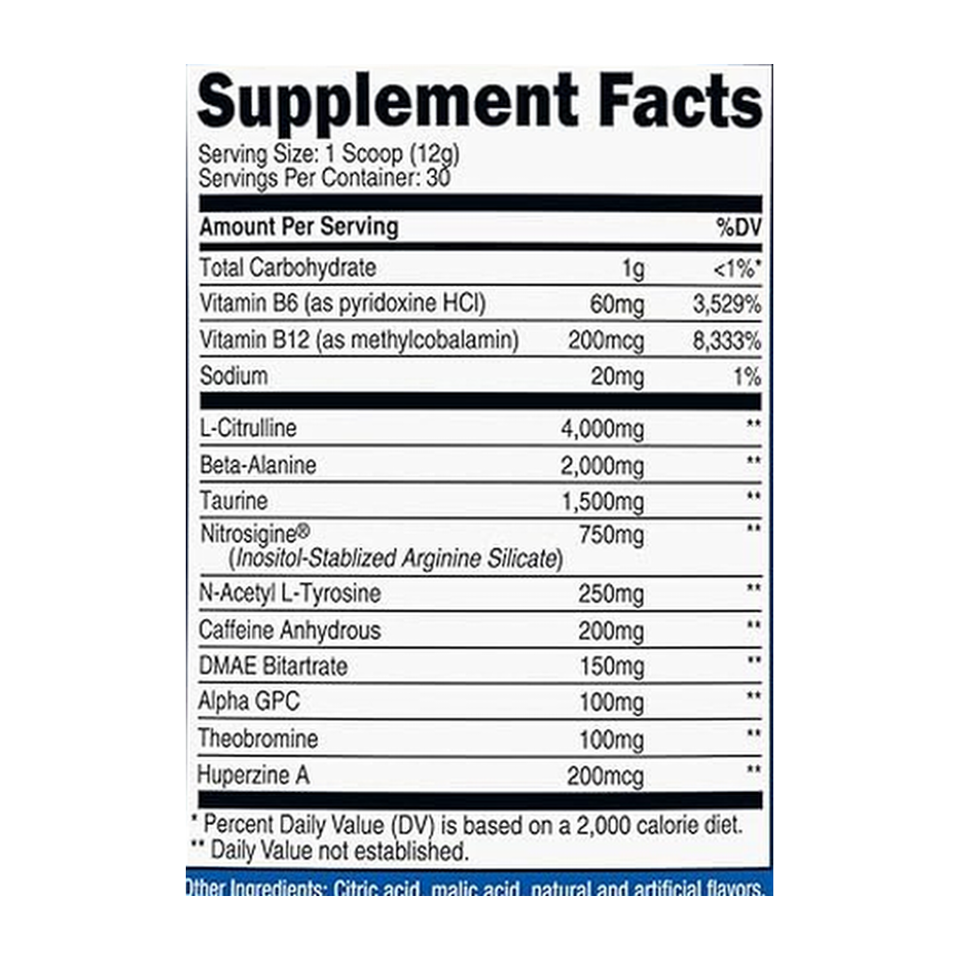 Nutricost, Performance, Pre-Workout Complex, Watermelon Candy, 13 oz, 363 g supplement facts label showing ingredients, vitamins, minerals, and serving information