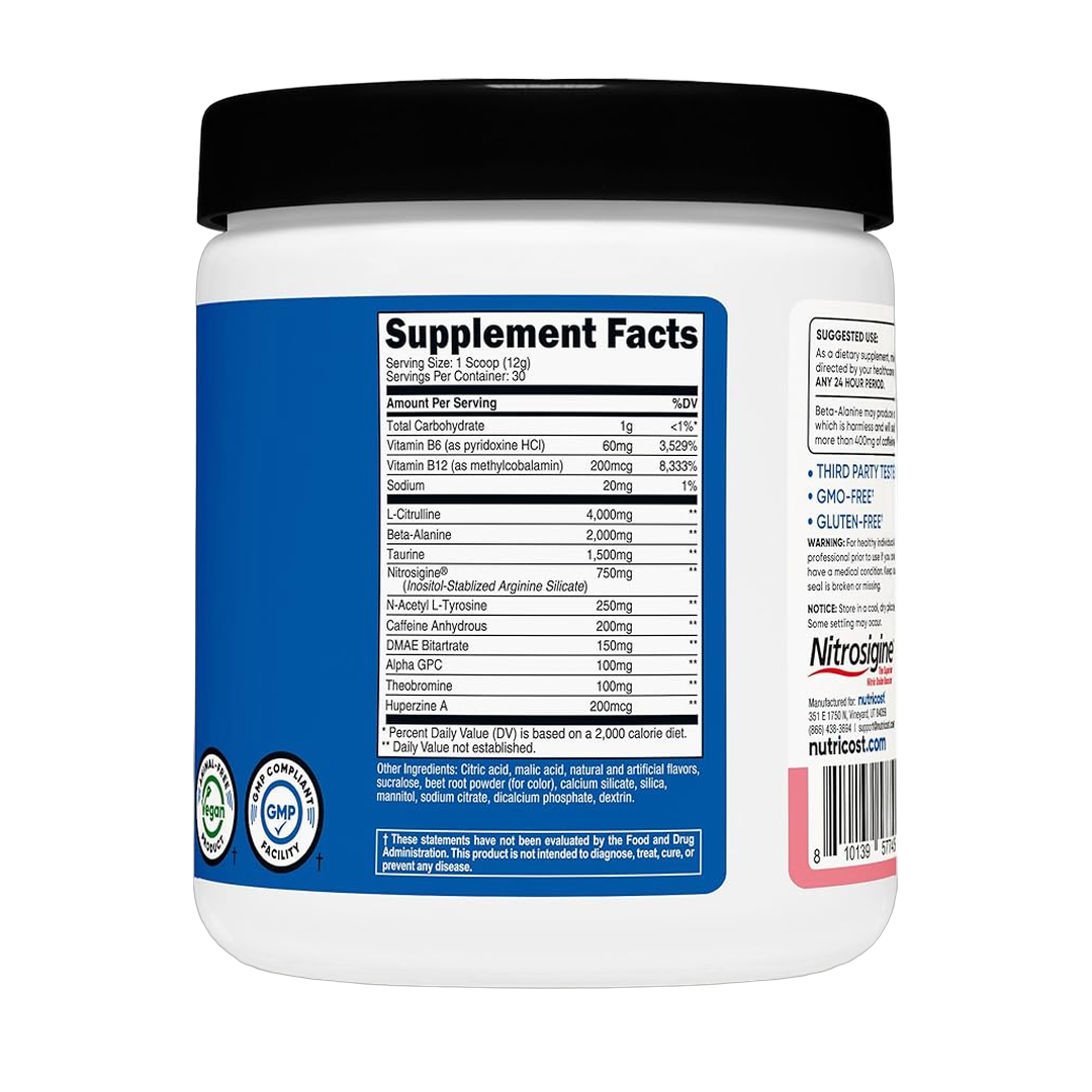 Nutricost, Performance, Pre-Workout Complex, Watermelon Candy, 13 oz, 363 g back packaging view
