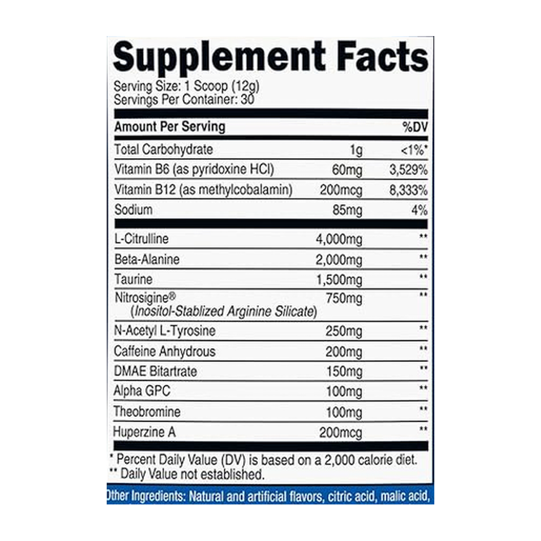 Nutricost, Performance, Pre-Workout Complex, Raspberry Margarita, 13.1 oz, 366 g supplement facts label showing ingredients, vitamins, minerals, and serving information