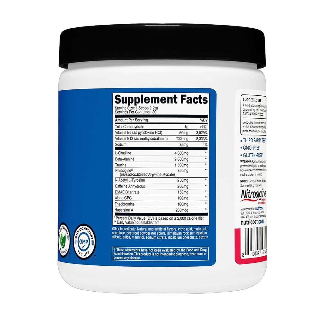Nutricost, Performance, Pre-Workout Complex, Raspberry Margarita, 13.1 oz, 366 g back packaging view