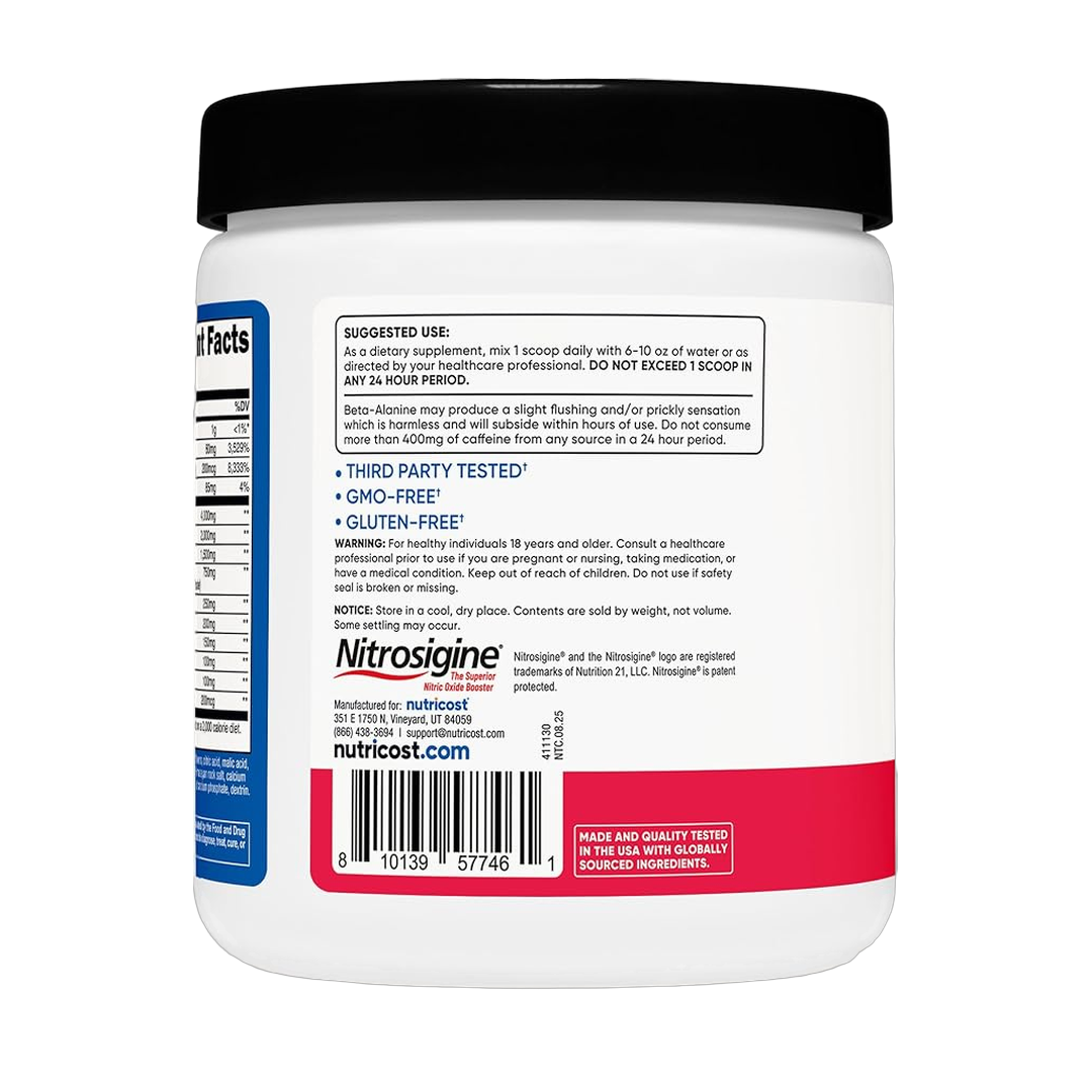 Nutricost, Performance, Pre-Workout Complex, Raspberry Margarita, 13.1 oz, 366 g packaging side view