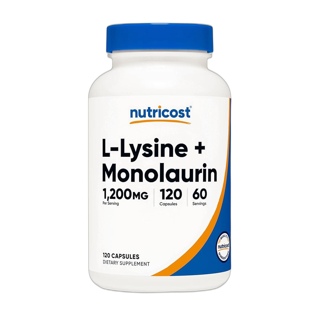Nutricost L-Lysine + Monolaurin (1,200mg) 120 Capsules front packaging view