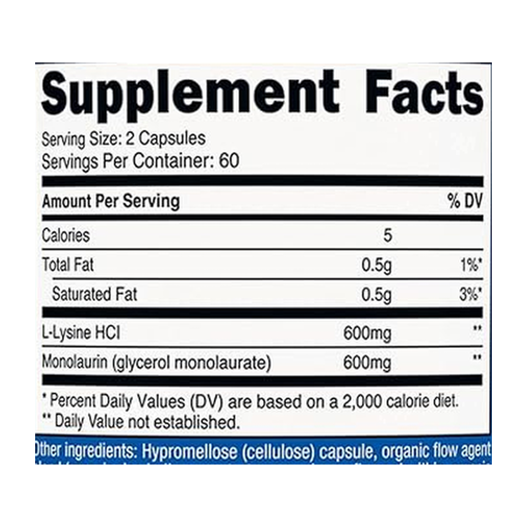 Nutricost L-Lysine + Monolaurin (1,200mg) 120 Capsules supplement facts label showing ingredients, vitamins, minerals, and serving information