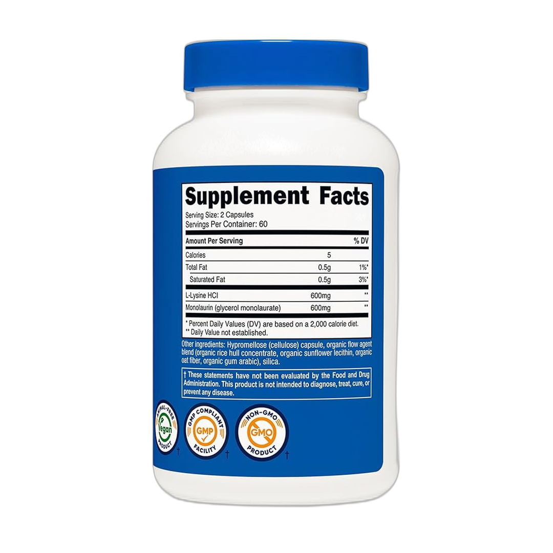Nutricost L-Lysine + Monolaurin (1,200mg) 120 Capsules back packaging view