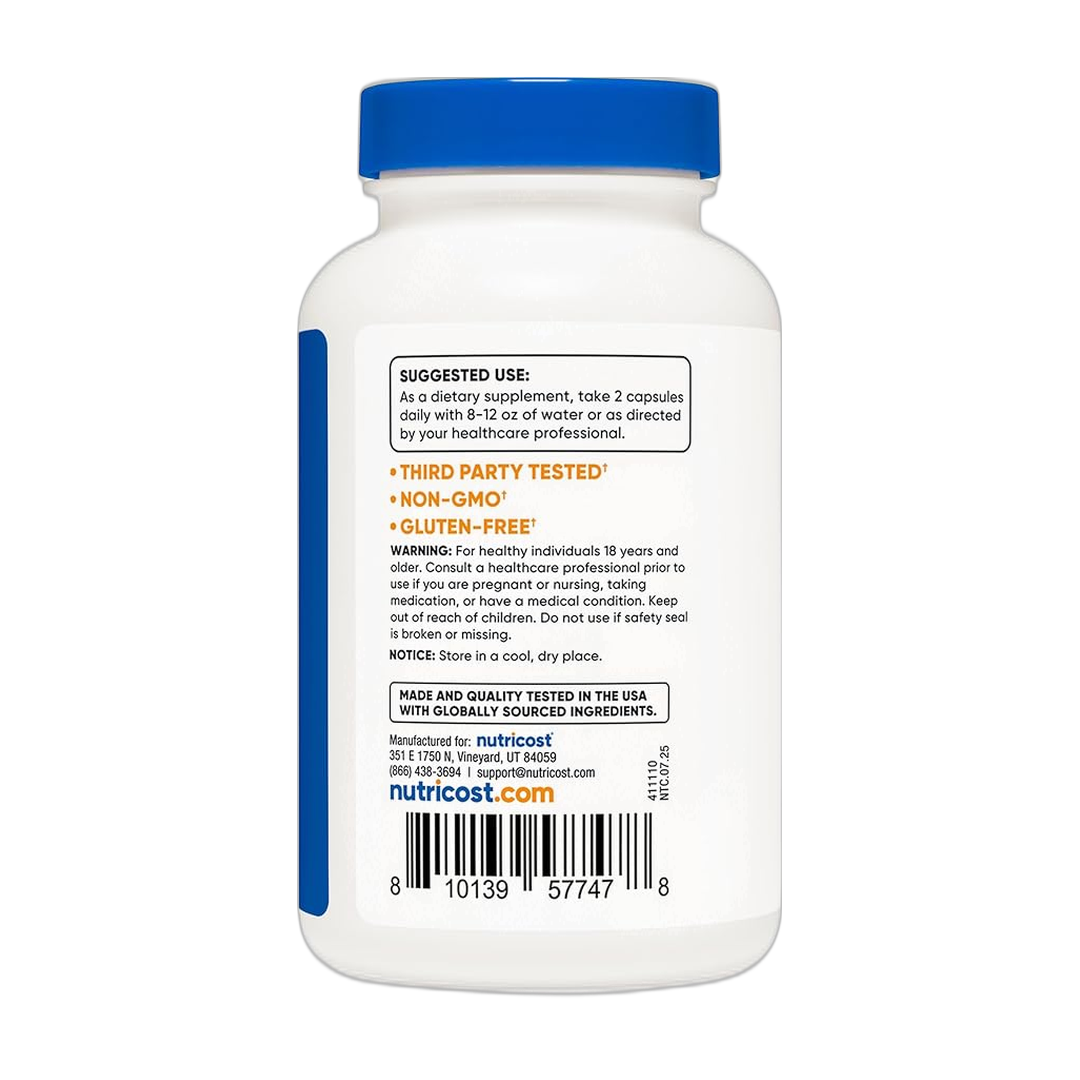 Nutricost L-Lysine + Monolaurin (1,200mg) 120 Capsules packaging side view