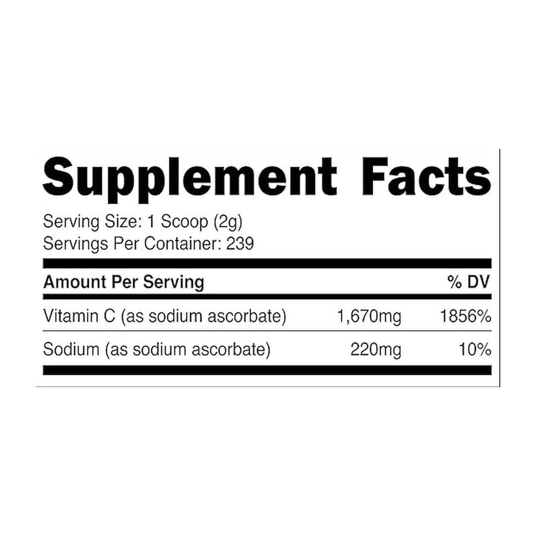 Nutricost, Sodium Ascorbate, 16.2 oz, 454 g supplement facts label showing ingredients, vitamins, minerals, and serving information
