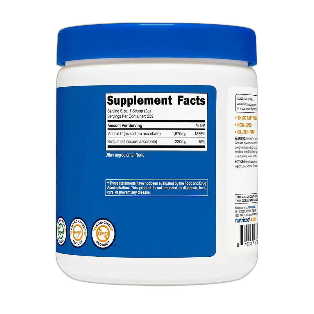 Nutricost, Sodium Ascorbate, 16.2 oz, 454 g back packaging view