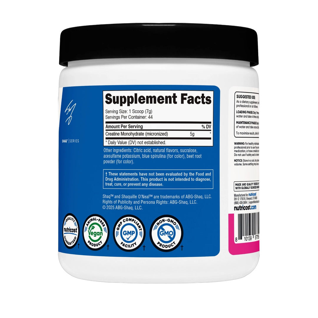 Nutricost, Performance, Creatine Monohydrate, Shaq's Berry Blast, 10.7 oz, 300 g back packaging view