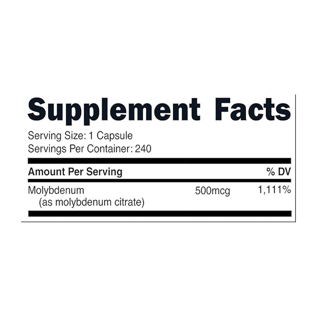 Nutricost, Molybdenum, 500 mg, 240 Capsules supplement facts label showing ingredients, vitamins, minerals, and serving information