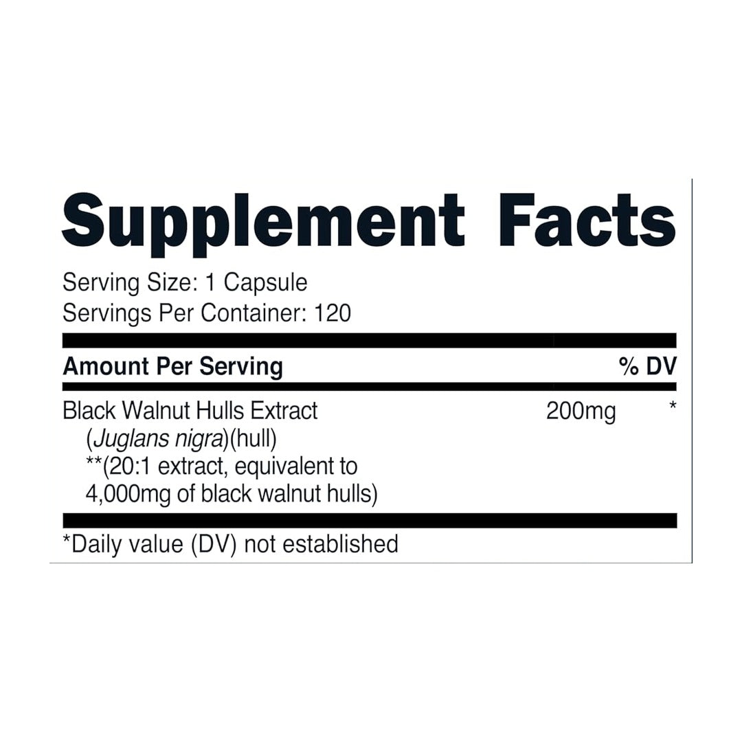 Nutricost, Black walnut Hulls, 4,000 mg, 120 Capsules supplement facts label showing ingredients, vitamins, minerals, and serving information