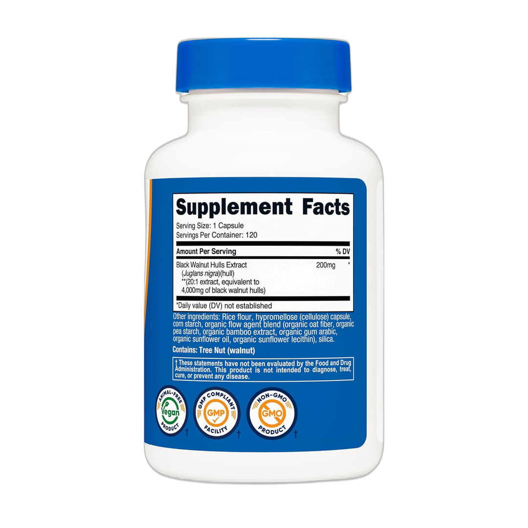 Nutricost, Black walnut Hulls, 4,000 mg, 120 Capsules back packaging view