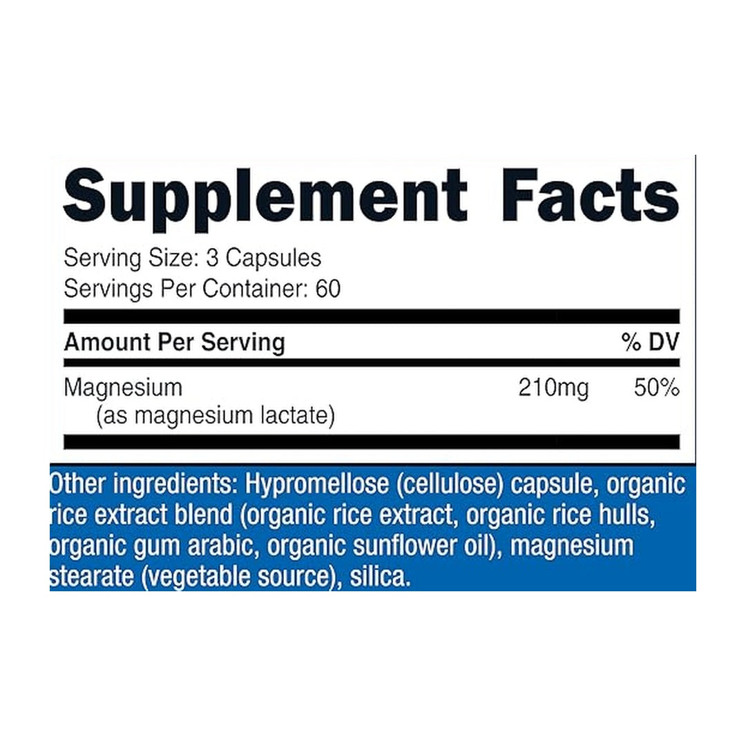 Nutricost, Magnesium Lactate, 210mg, 180 Capsules supplement facts label showing ingredients, vitamins, minerals, and serving information