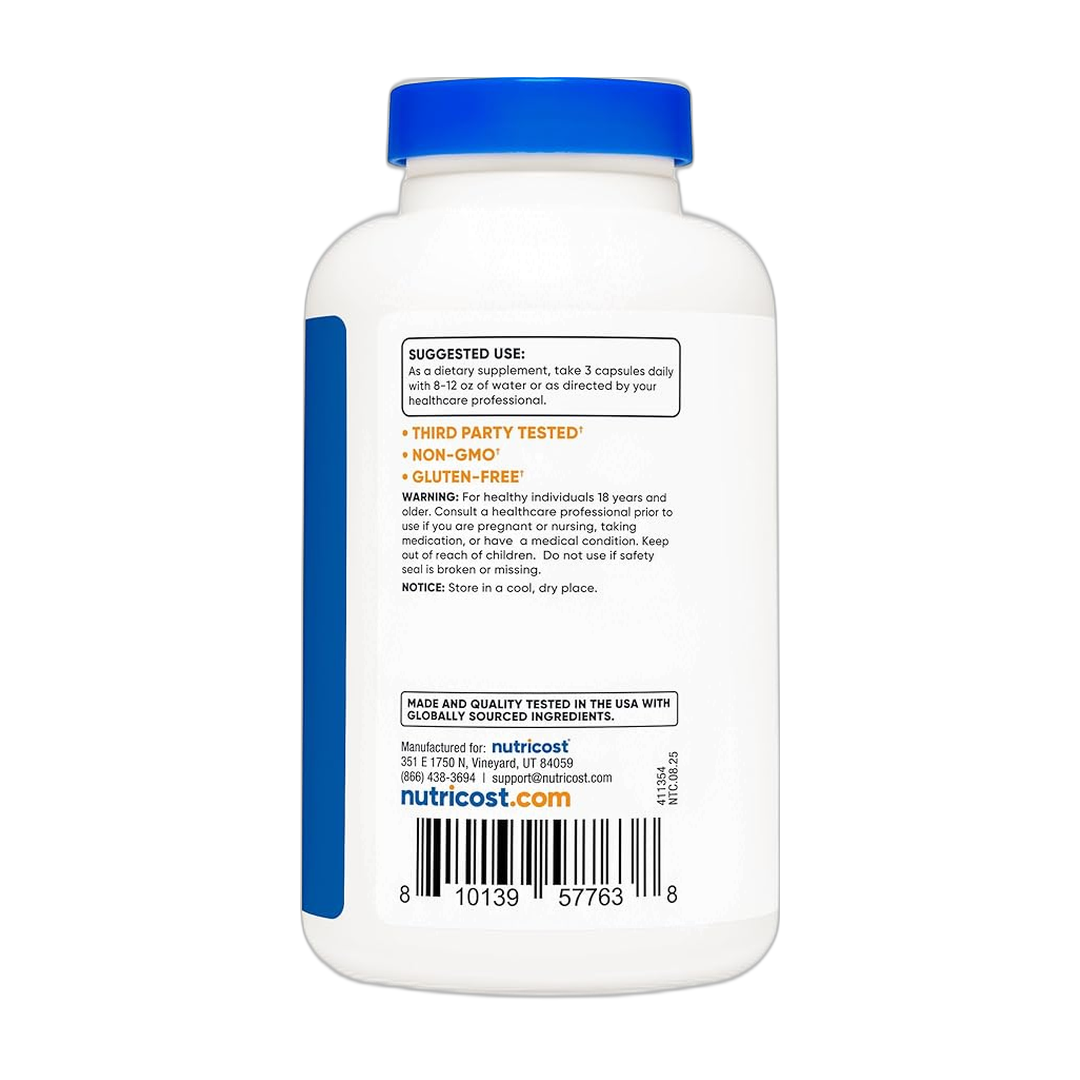 Nutricost, Magnesium Lactate, 210mg, 180 Capsules packaging side view