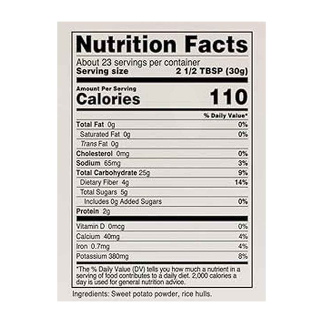 Nutricost, Pantry, Sweet Potato Powder, 1.5 LB, 680 g supplement facts label showing ingredients, vitamins, minerals, and serving information